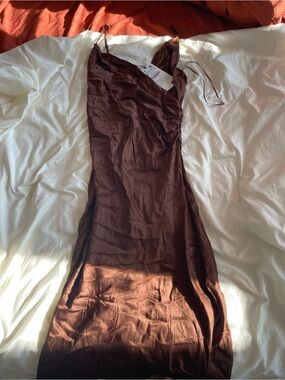 Zara Brown Satin Midi Slip Dress with Ruched Side